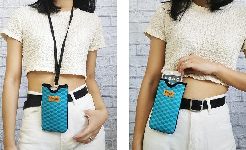 Tainada Men Women Neoprene Shockproof Phone Sleeve Pouch Carrying Case with Neck Lanyard, Belt Loop Holster for iPhone 17/16 Pro Max, Air, 16 Plus, Samsung S25+, S24 (Geometric Pattern Turquoise) - Image 2